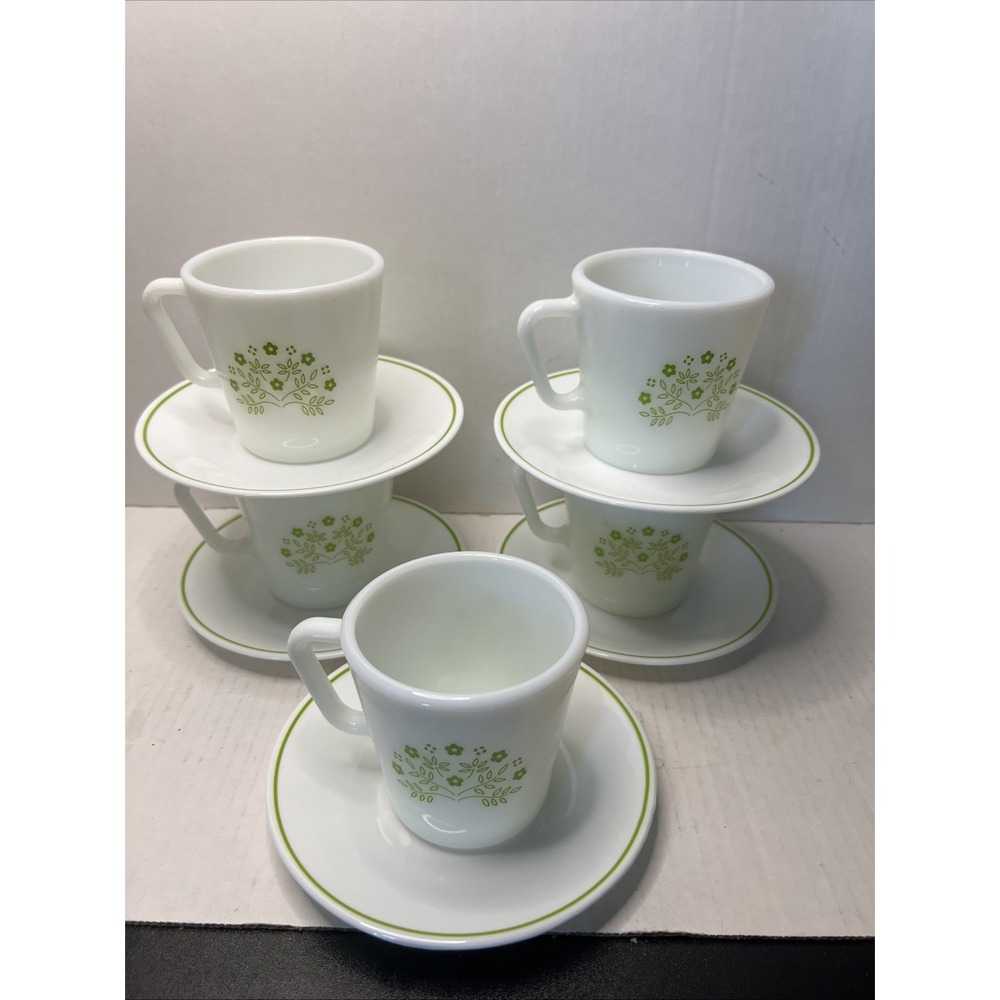 Vtg Pyrex Summer Impressions Honeydew Milk Glass Green Mug And Saucer Set Of 5